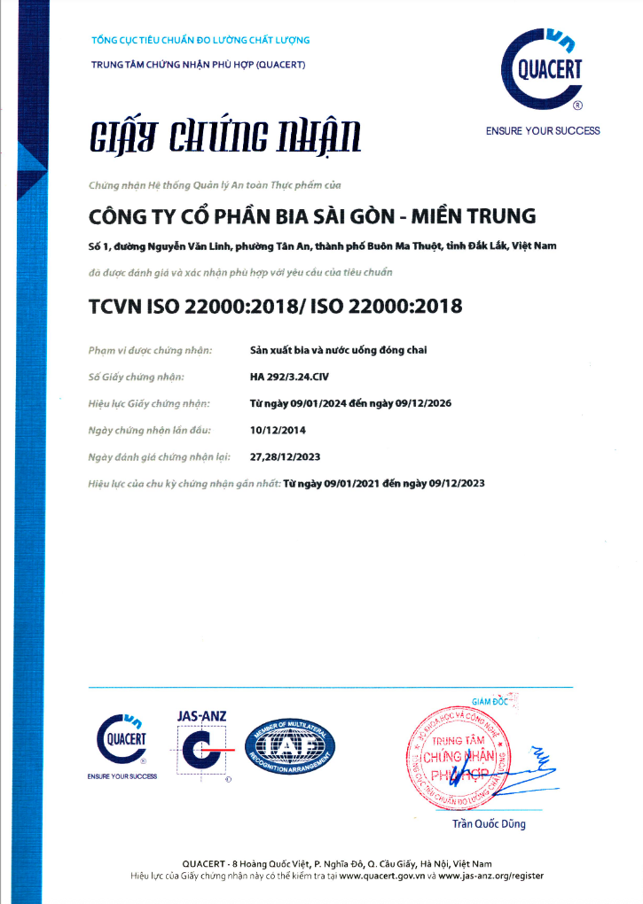 Chứng nhận ISO 22000:2018 - Nước Giải Khát Bia Sài Gòn - Miền Trung - Công Ty CP Bia Sài Gòn - Miền Trung